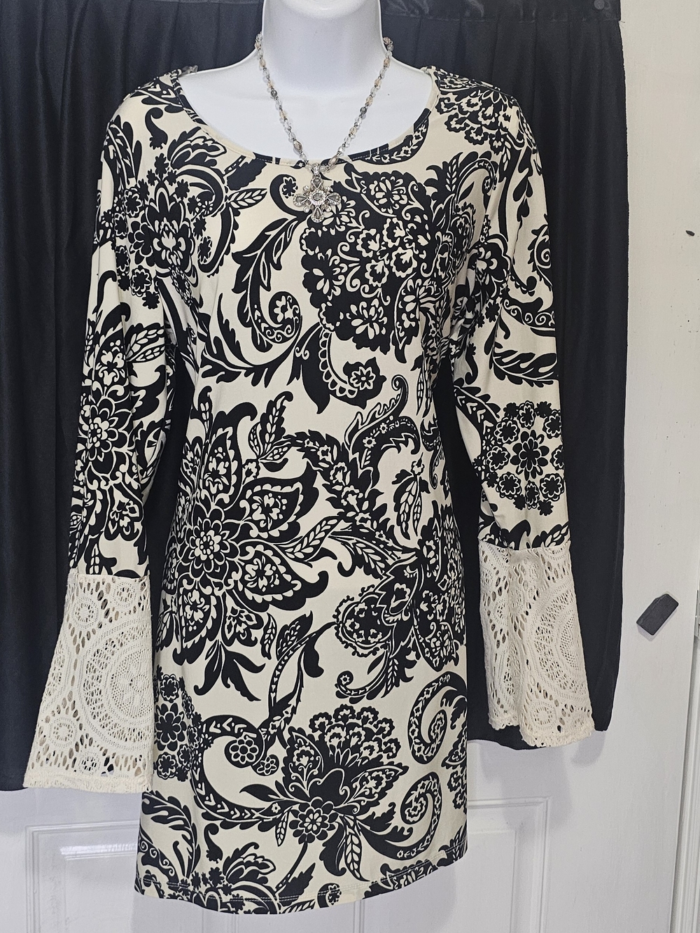Tacera Black and Cream Floral Lace Bell Sleeve Dress